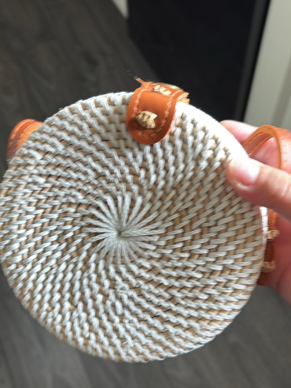 Round Woven Straw Crossbody Bag with Tan Leather Trim